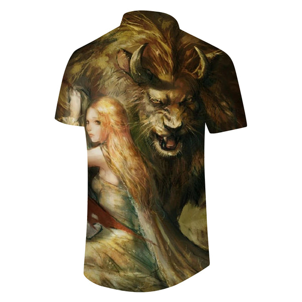 
Beast and Princess Hawaiian Button Pocket Men's Printed Short Sleeve Shirt Button Summer Beach Ocean Top
                