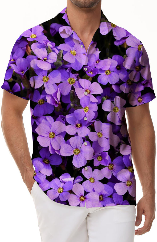 Summer Resort Wear Mens Short Sleeve Hawaiian Shirt Casual Button Up Tropical Flowers 3D Floral Print Shirt Tops Purple