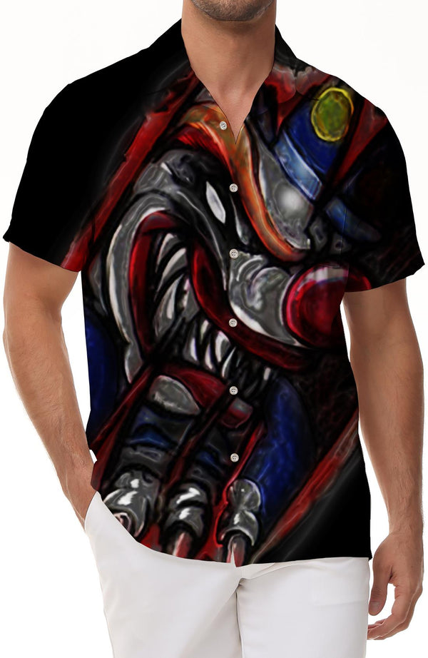 Machine cartoon big wolf dog digital printing Hawaiian button pocket casual style breathable and comfortable short-sleeved shirt men's casual