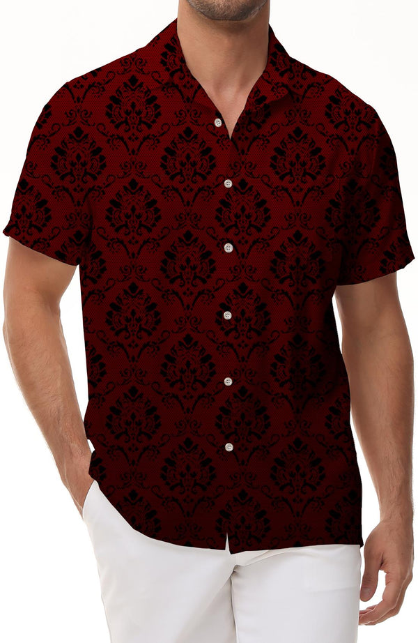 Vintage Burgundy Men's Casual Loose Regular Fit Hawaiian Shirt Casual Short Sleeve Beach Shirt Party