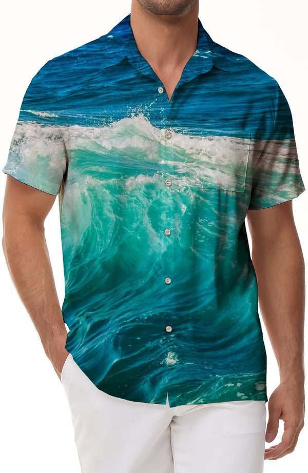 Ocean Wave Mens Casual Hawaiian Loose Print Beach Casual Short Sleeve Button Shirt Summer Beach Shirt