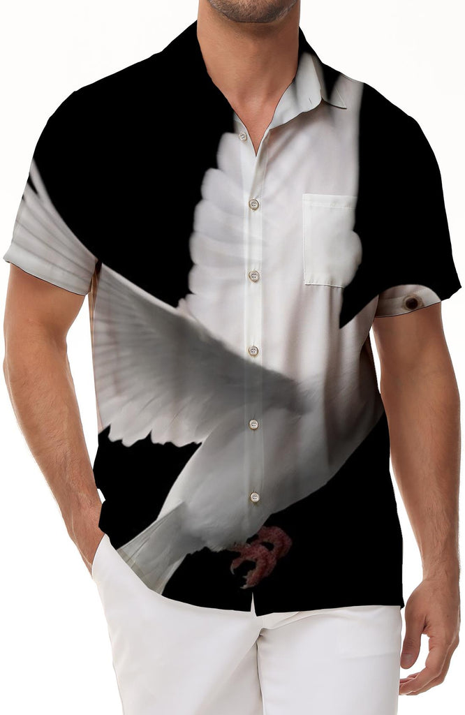 Sky black white flying pigeon men's casual button shirt short sleeve regular style short sleeve printed shirt beach clothing