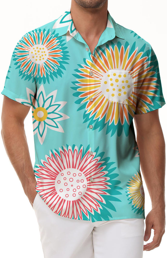 Daisy Floral Pattern Mens Casual Button Down Hawaiian Shirt Tops Summer Short Sleeve Shirt