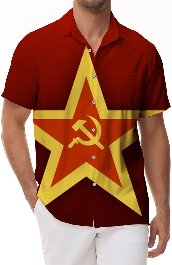 Soviet symbol star hammer and sickle Hawaiian shirt men's lapel pocket button short sleeve shirt top