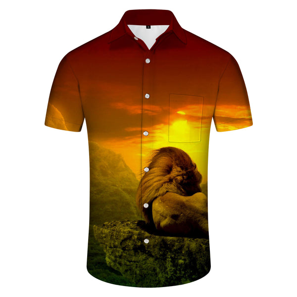 
Sunset natural scenery lion short sleeve men's casual shirt top novel 3D pattern festival summer regular style
                