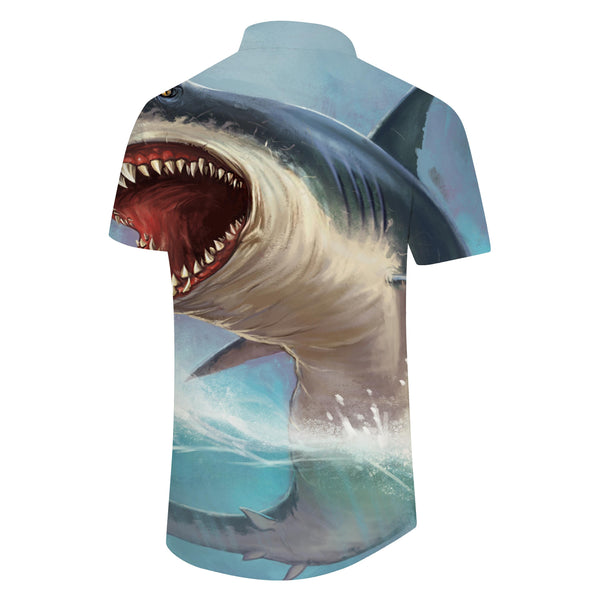 
Fierce Shark Print Shirt Men's Outdoor Button Summer Pocket Lapel Ocean Vacation Shirt
                