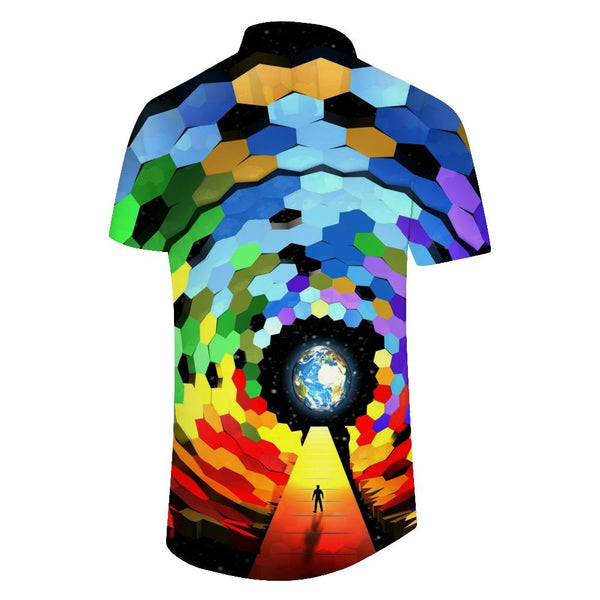 
Geometric round rainbow stripe print men's shirt short sleeve trendy fashion retro style Hawaiian button pocket short sleeve shirt lapel
                
