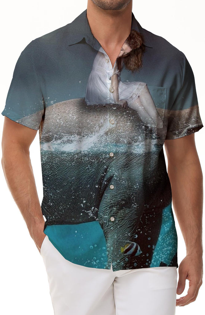 Natural Water Elephant Print Cuban Collar Short Sleeve Shirt Perfect Beach and Casual Wear for Men