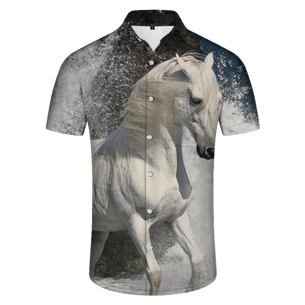 
Pentium White Dragon Horse Men's Casual Loose Tropical Style Button Lapel Pocket Street Casual Short Sleeve Seaside Fun Top
                