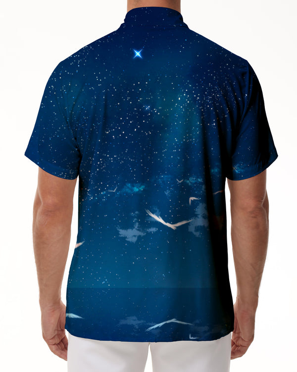 
Blue Landscape Starry Sky Men's Casual Hawaiian Shirt Lapel Button Pocket Short Sleeve Shirt
                
