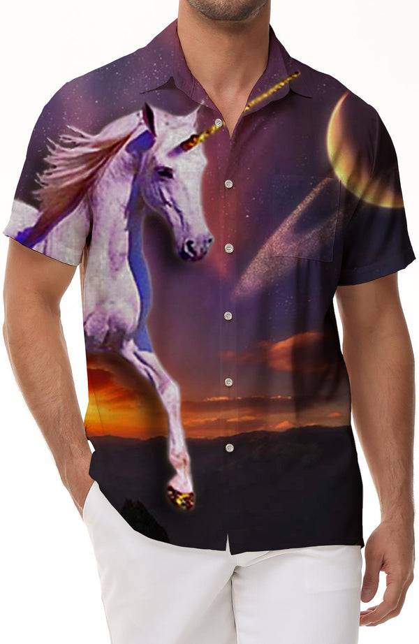Starry sky print pink unicorn loose men's short-sleeved button-down shirt breathable simple travel shirt