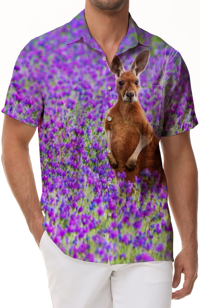 Jungle Wildlife Kangaroo Purple Flower Sea Hawaii 3D Digital Printing Casual Men's Short Sleeve Shirt Daily Travel Clothing