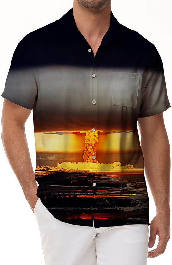 War nuclear bomb huge explosion mushroom cloud men's short sleeve Hawaiian print shirt summer beach button