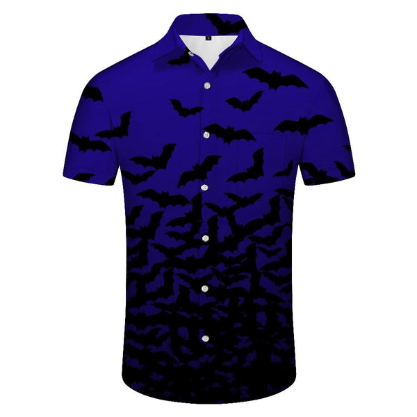 
Navy Blue Christmas Top Fashion Casual Men's Halloween Bat Print Pattern Flower Short Sleeve Shirt
                