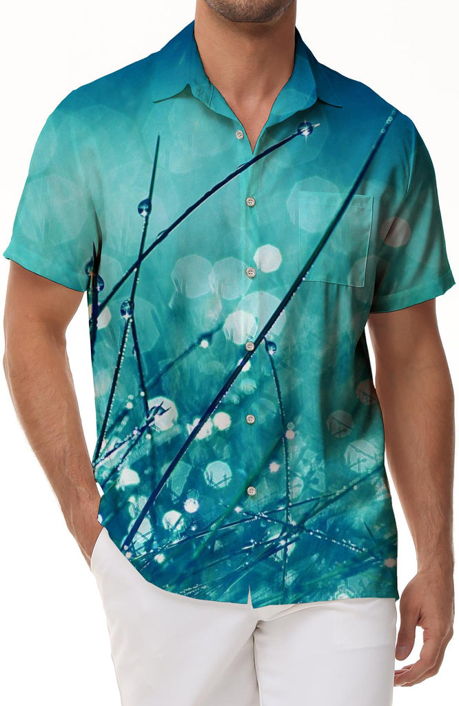 Small grass water drop men's casual short sleeve printed pattern regular style shirt polyester lapel pocket casual tops indoor