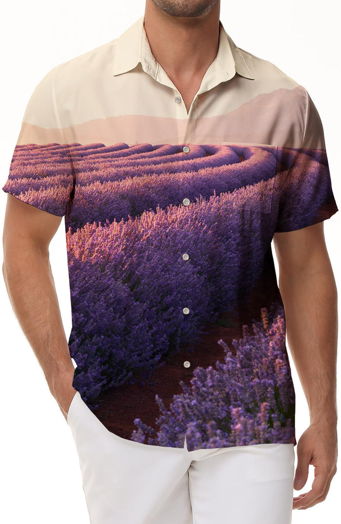 Lavender Purple Flower Field Men's Casual Loose Short Sleeve Shirt Hawaiian Button Lapel Pocket Tropical Summer Beach Seaside Tops Casual