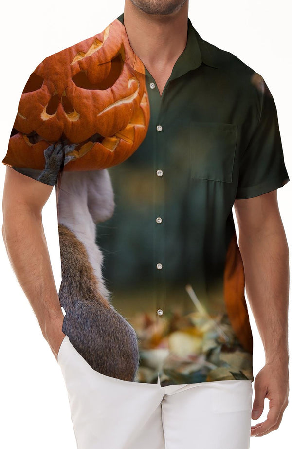 Hamster funny pumpkin head button pocket lapel Hawaiian lapel regular style suitable for men fashion breathable casual comfortable