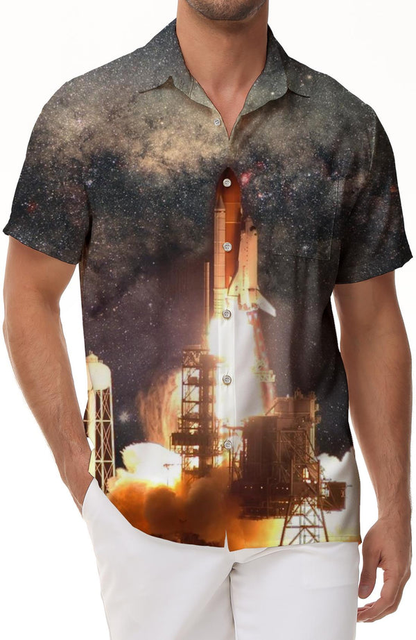 NASA Rocket Ship Men's Shirt Tropical Galaxy Short Sleeve Casual 3D Printed Pattern Hawaii Friends Travel