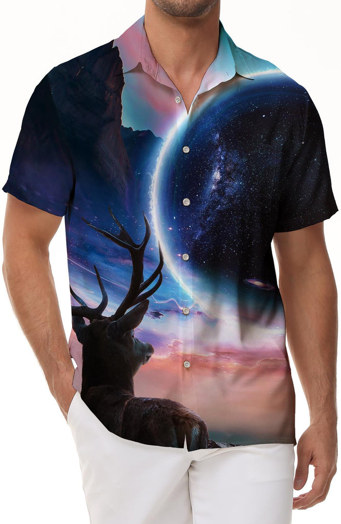 Night Sky Elk Tropical Passion Short Sleeve Button Beach Shirt Men's Hawaiian Shirt
