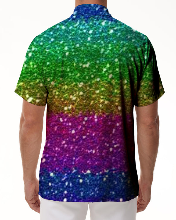 
Men's Classic Short Sleeve Printed Regular Fit Button Down Shirt with Rainbow Glitter Background
                