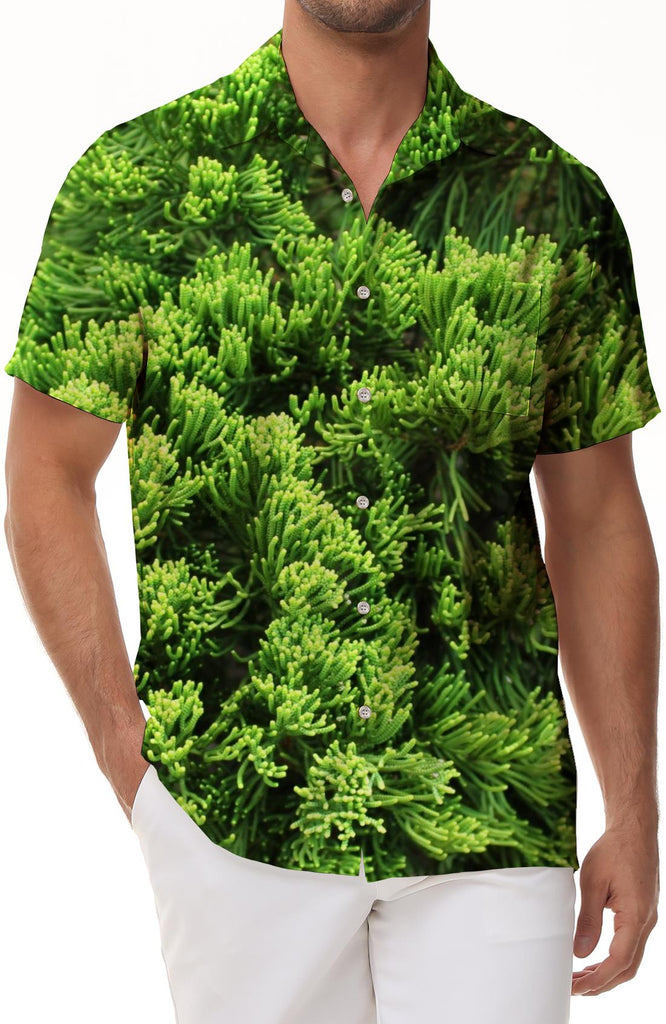 Summer fashion creative green plant pattern men's trendy casual personality lapel short-sleeved shirt 3D digital printing pattern