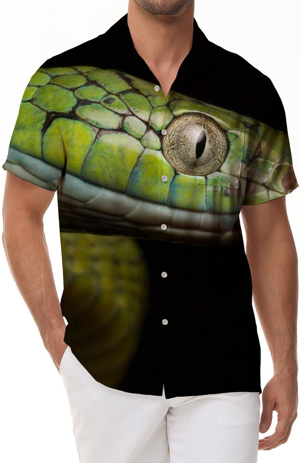 Green snake 3D men's short-sleeved shirt print fun animal print pattern hip-hop trendy clothing lapel casual tops