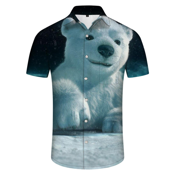 
Cute Northern Lights Polar Bear Men's Casual Button Short Sleeve Shirt Lapel Top with Pockets
                