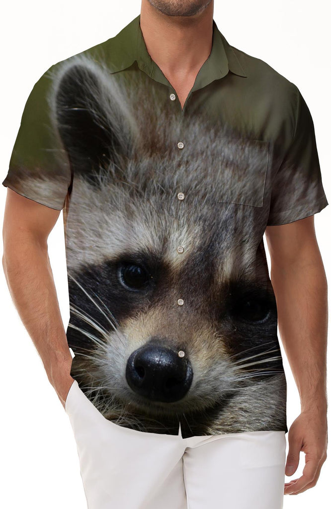 Cute animal raccoon 3D digital printing tropical vacation beach Hawaii short-sleeved shirt men's casual short-sleeved shirt loose