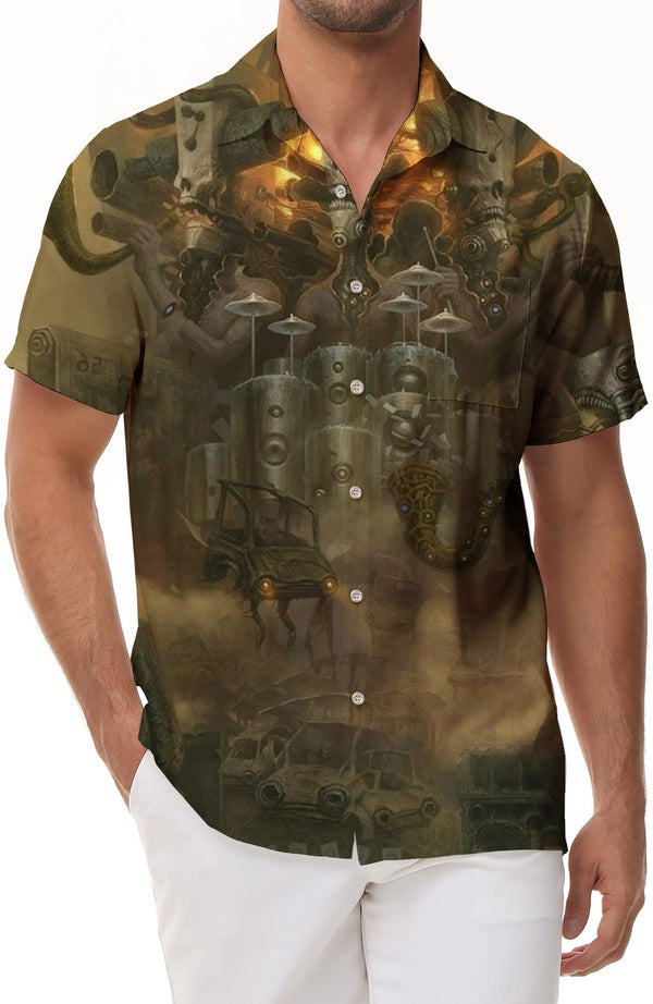 Metallic Copper Monster Personalized Gear Pattern Men's Hawaiian Short Sleeve Retro Pattern Fashion Top