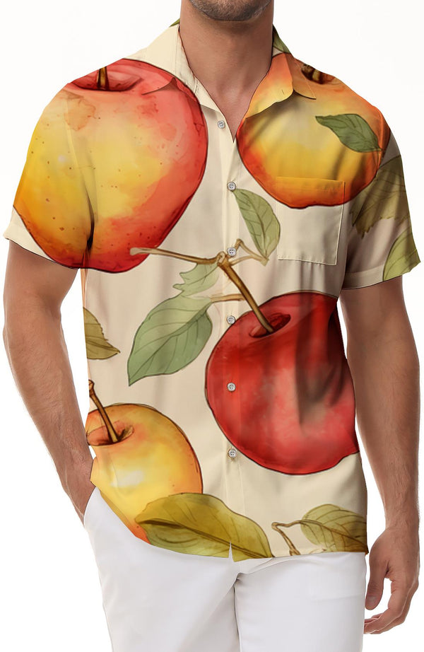 Mens Hawaiian Shirt Beach Hawaiian Shirt White Short Sleeve Apple Print Shirt Fashionable Mens Button Down Shirt Suitable for Beach Games and Daily Use