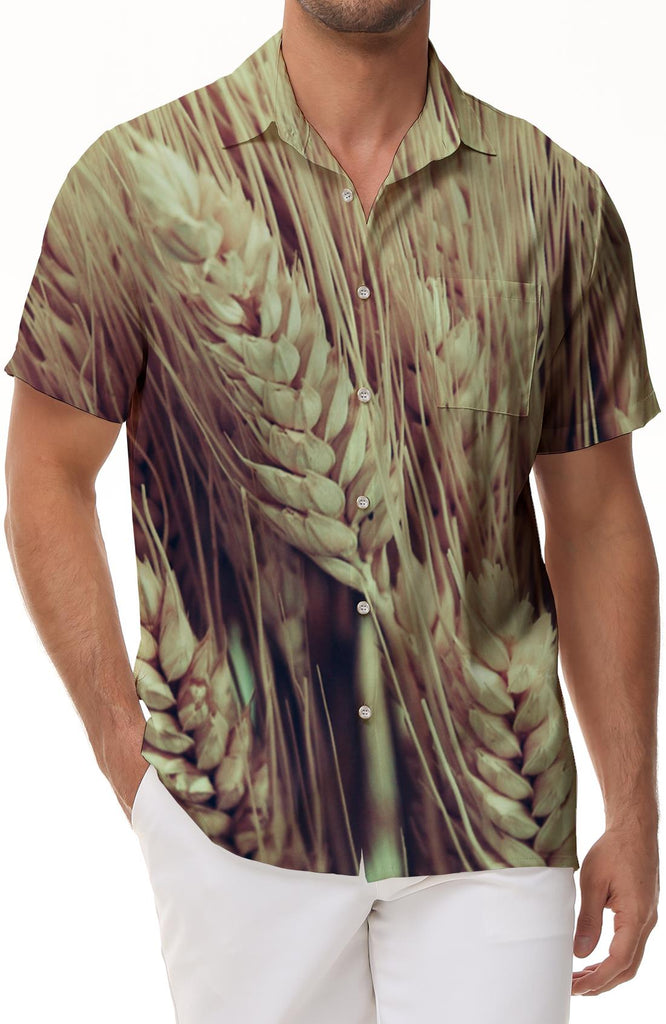 Wheat and Blue Sky Print Men's Short Sleeve Shirt Casual Button Shirt with Pockets