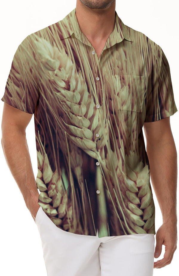 Wheat and Blue Sky Print Men's Short Sleeve Shirt Casual Button Shirt with Pockets