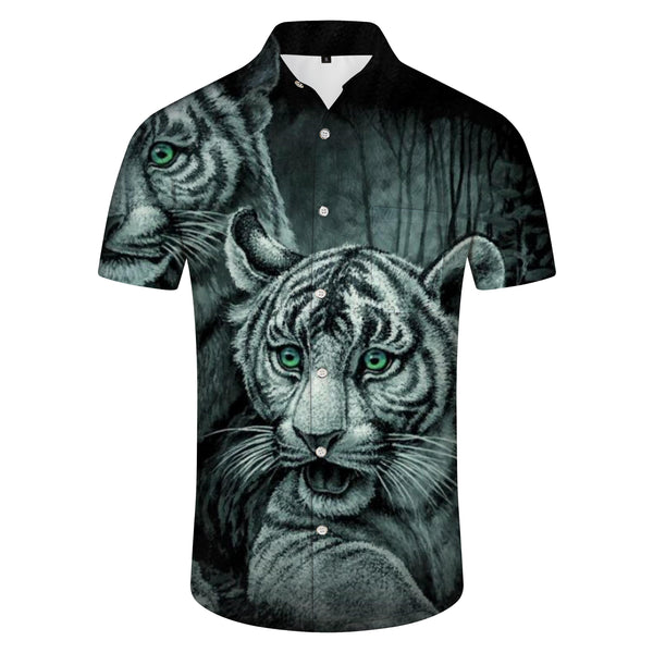 
Natural forest animal tiger new short-sleeved men's versatile shirt casual button lapel summer beach gray
                