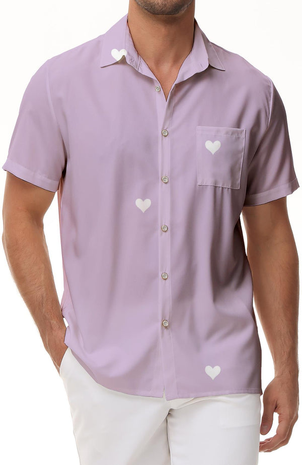 Pink Crimson Heart Shirt Casual Vintage Fashion Hawaiian Men's Short Sleeve Beach Vacation