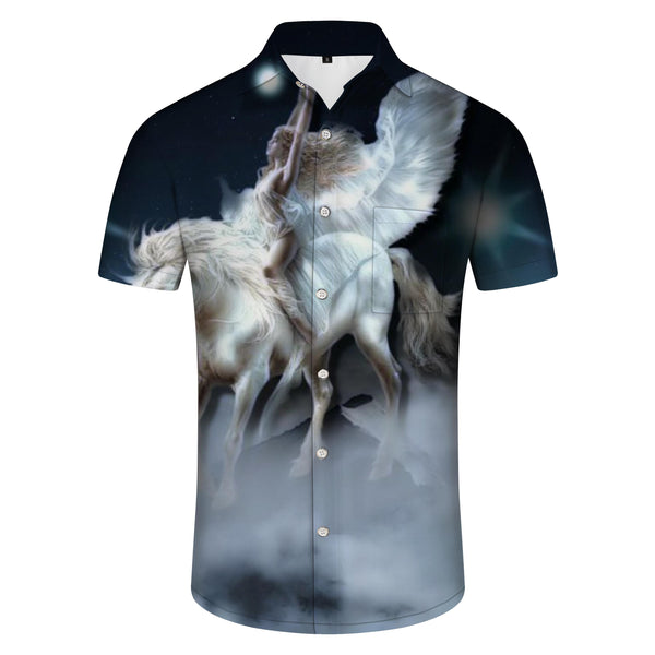 
Angel riding white flying unicorn magic design men's casual street loose short shirt tropical four seasons vacation top
                