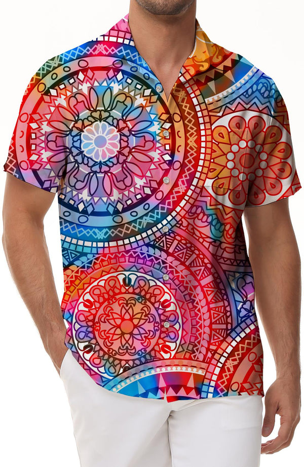 Retro Asian Indian pattern short sleeve fashionable Hawaiian shirt button down suitable for summer beach seaside travel
