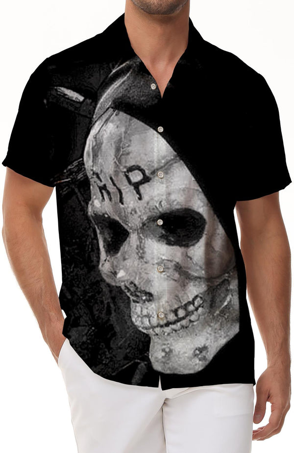 Streetwear Lapel Tops 3D Printed Skull Short Sleeve Shirt Men Halloween Horror Short Sleeve Shirt Loose