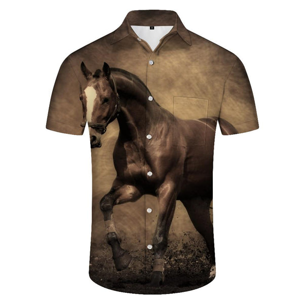 
Tall and galloping brown Mustang daily street casual short-sleeved seaside play top tropical button-down lapel pocket men's casual loose
                