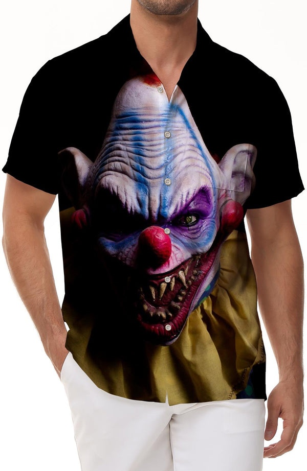 
Ugly big mouth monster novelty men's short-sleeved lapel casual funny clown 3D printing island ocean short-sleeved shirt clown
                