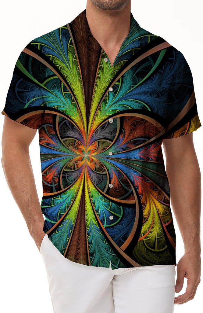 Abstract fantasy geometric pattern painting casual men's mysterious totem short-sleeved shirt psychedelic color 3D printing button shirt tie-dye