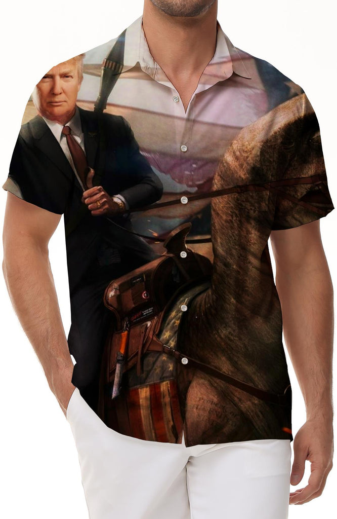 Interesting Trump fashion print men's casual button lapel Hawaiian four seasons short sleeve shirt happy travel