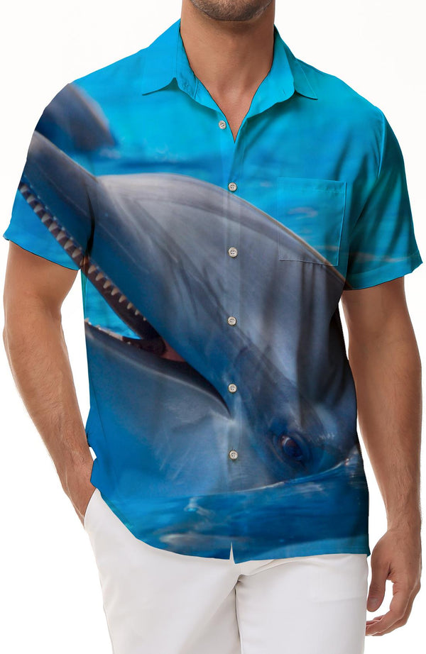 Dolphin Fun Men's Seaside Shirt Short Sleeve Button Hawaiian Shirt Summer Casual Beach Shirt