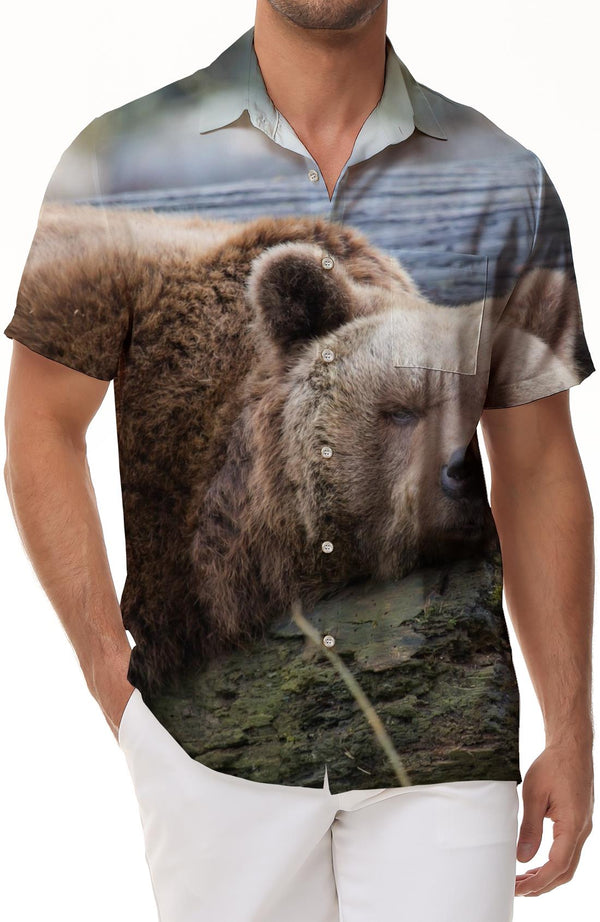 Ecological balance brown bear sleeping in a tree print men's short sleeve Hawaiian shirt animal