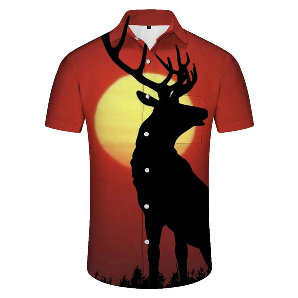 
Elk at sunset men's Hawaiian shirt short sleeve button down shirt top suitable for casual beach vacation
                