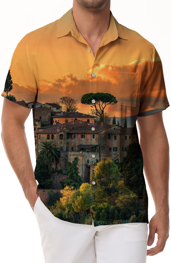 Vintage Architecture 3D Printed Pattern Men's Short Sleeve Shirt Loose Polyester Lapel Top Casual Button Beachwear Pocket