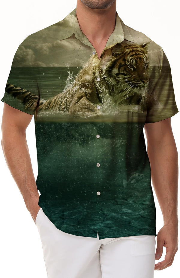 Green Forest Tiger Shirt Button Collar Mens Shirt Summer Casual Short Sleeve Tops For Office Travel Beach