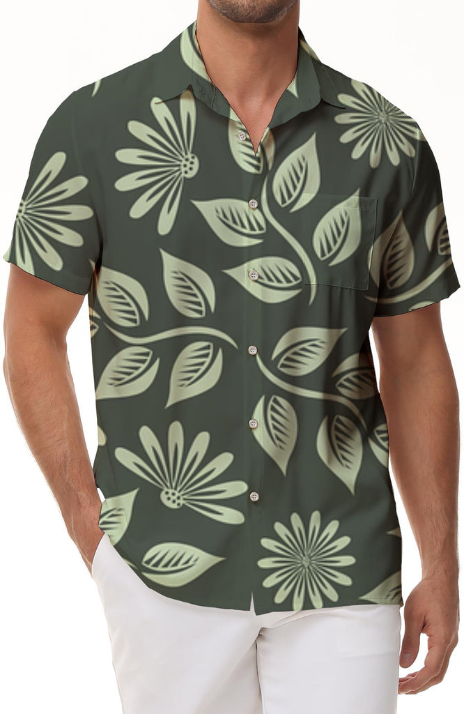 Green floral Hawaiian pattern 3d digital print men's casual daily travel short sleeve tropical fashion button down lapel shirt