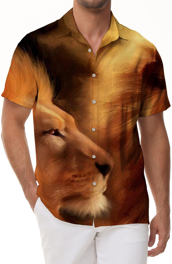 Cuban Mens Lion King Lapel Shirt Casual Hawaiian Tropical Button Shirt Short Sleeve Vacation Beach