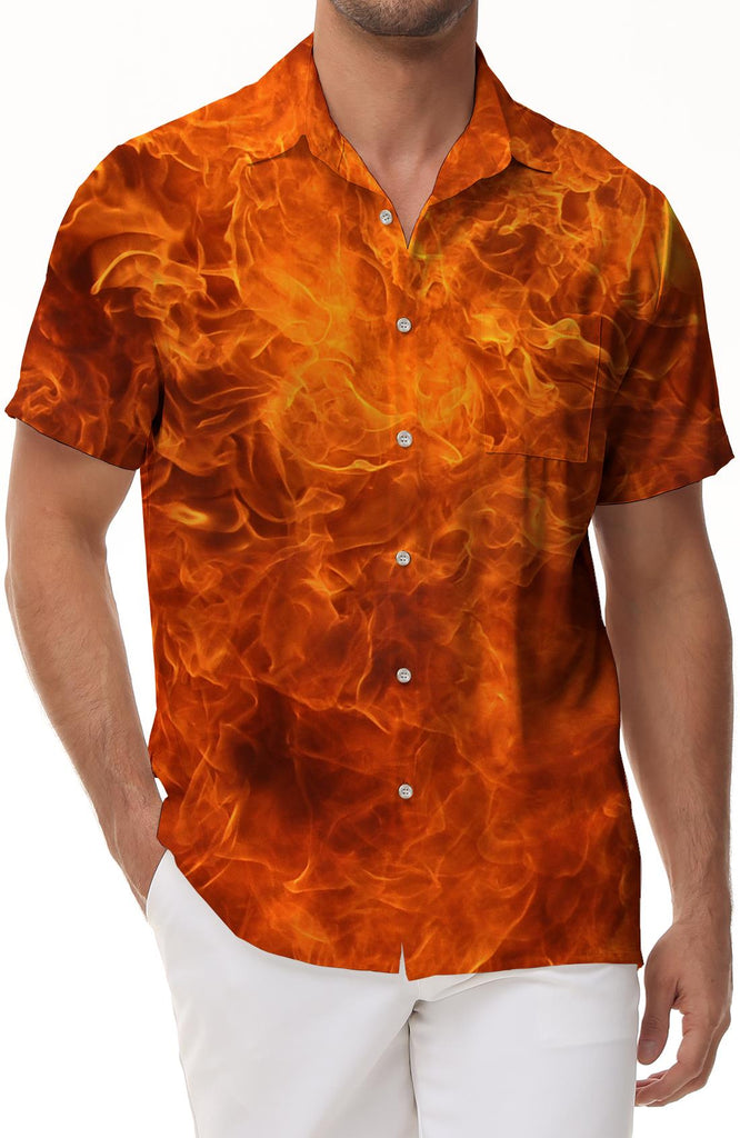 Men's Burning Flame Button Shirt Tropical Vacation Beach Shirt Top Casual Short Sleeve with Pockets