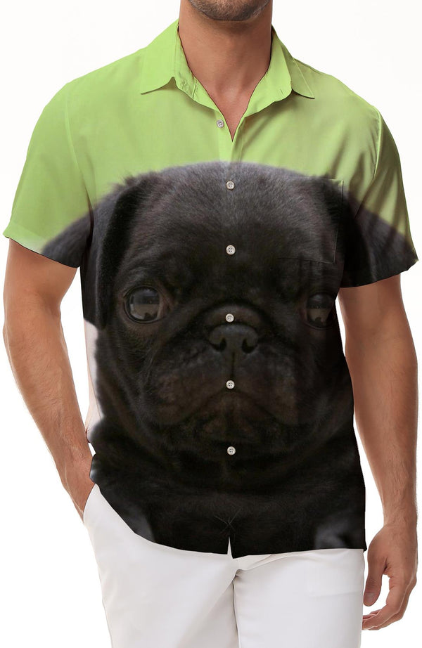 Cute Black Pug Short Sleeve Beach Shirt Summer Leisure Tropical Vacation Beach Men's Hawaiian Short Sleeve